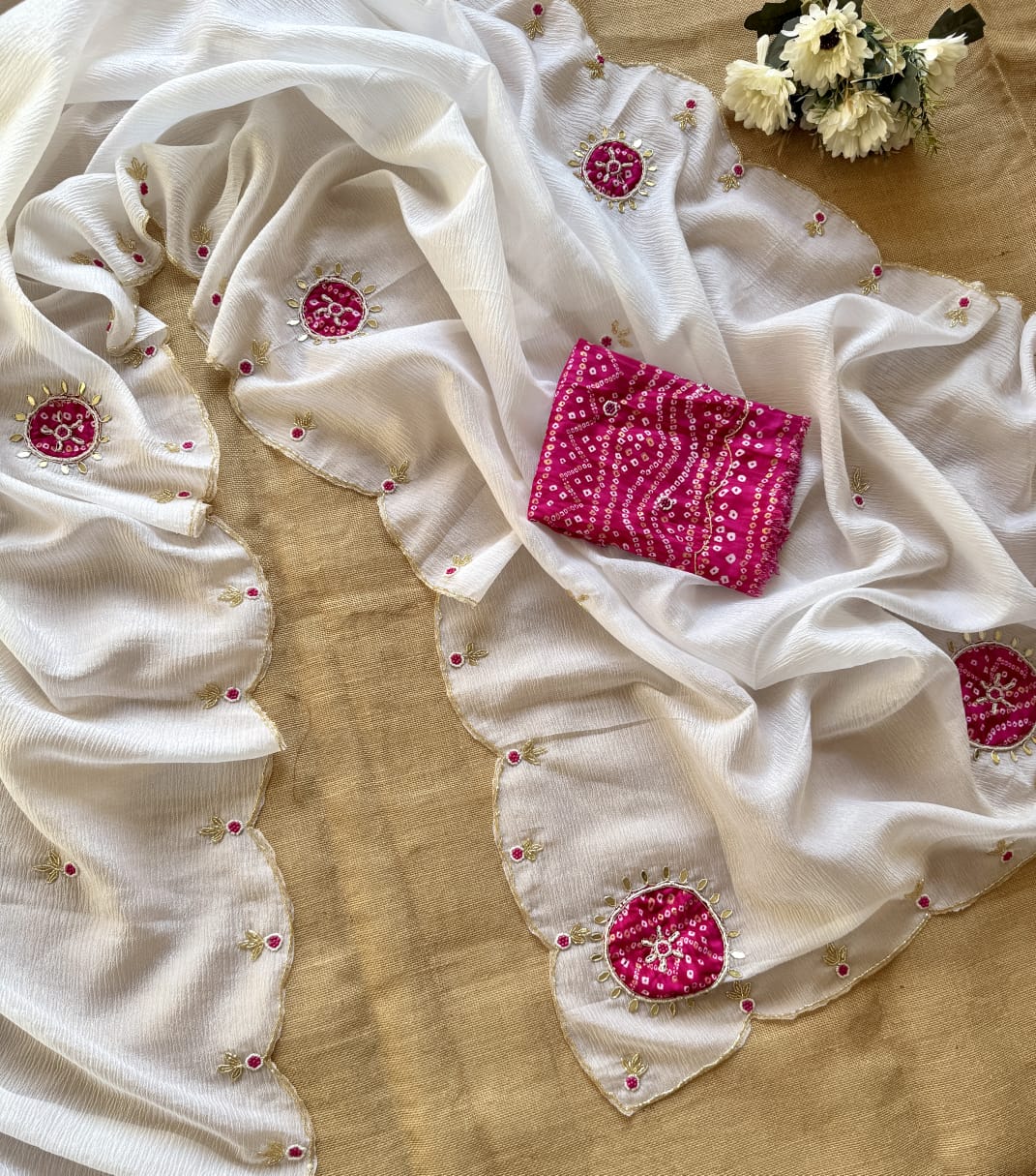 Premium Pure Crush Georgette Chiffon Saree with Zardozi Handwork & Khatli Border