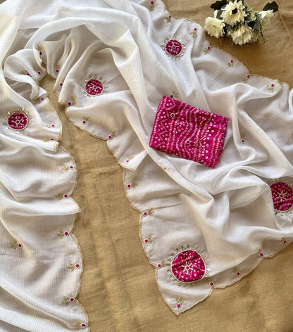 Premium Pure Crush Georgette Chiffon Saree with Zardozi Handwork & Khatli Border