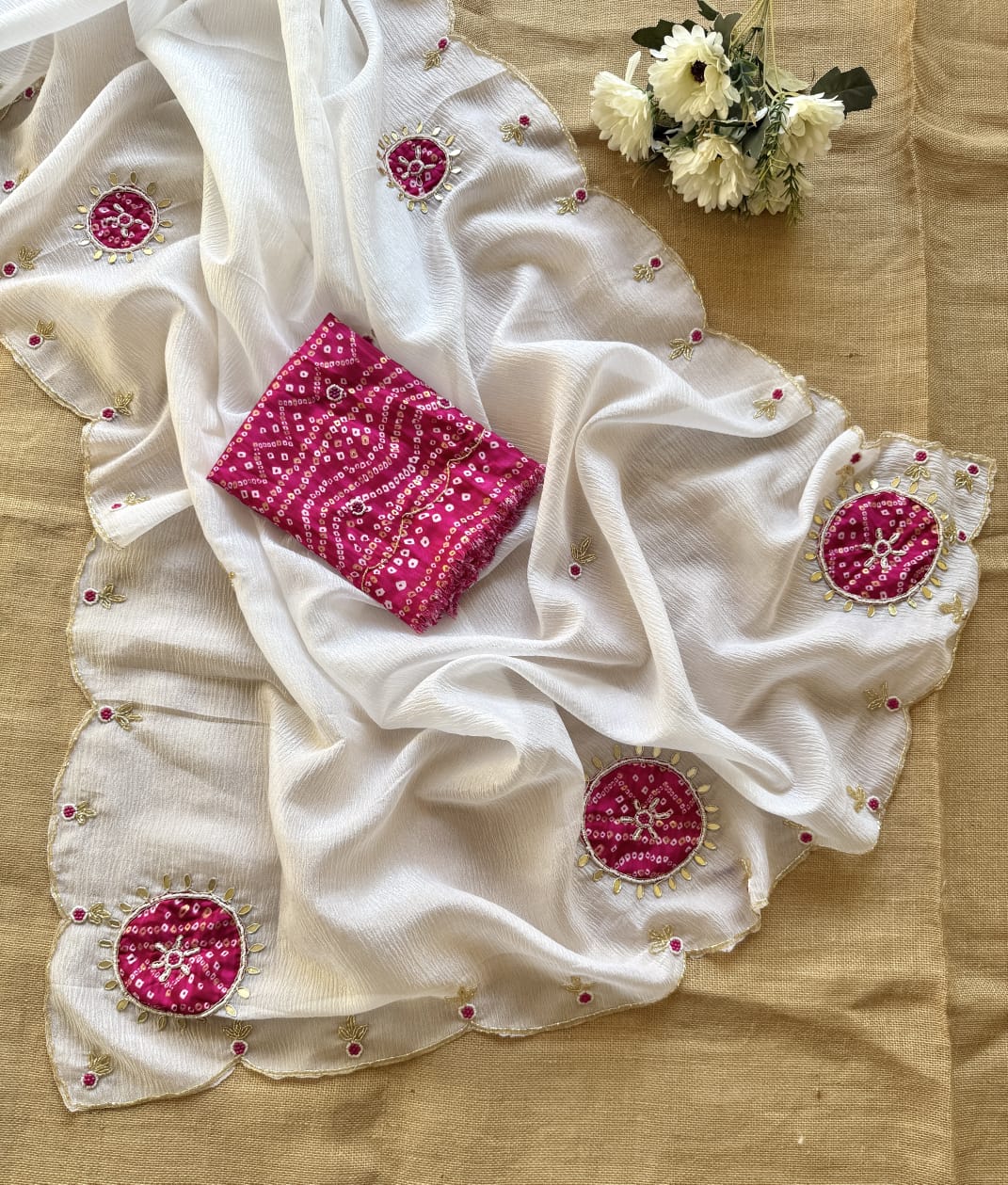 Premium Pure Crush Georgette Chiffon Saree with Zardozi Handwork & Khatli Border