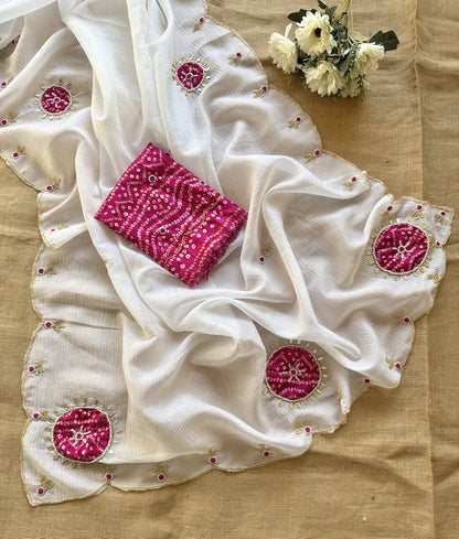 Premium Pure Crush Georgette Chiffon Saree with Zardozi Handwork & Khatli Border