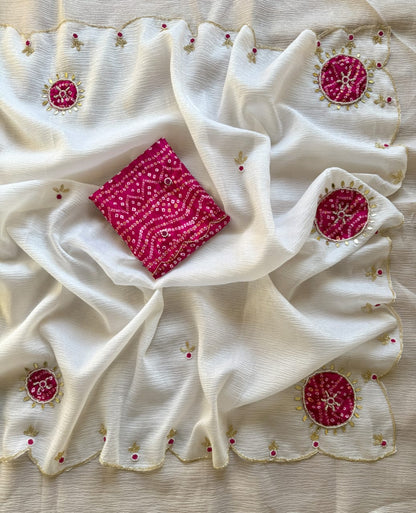 Premium Pure Crush Georgette Chiffon Saree with Zardozi Handwork & Khatli Border