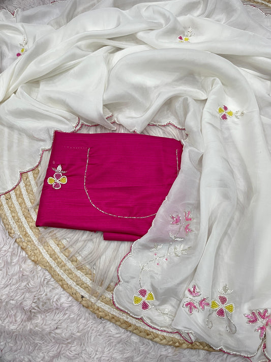 Premium H.O. Silk Saree with Khatli Cut Dana Handwork & All-Over Arco Border