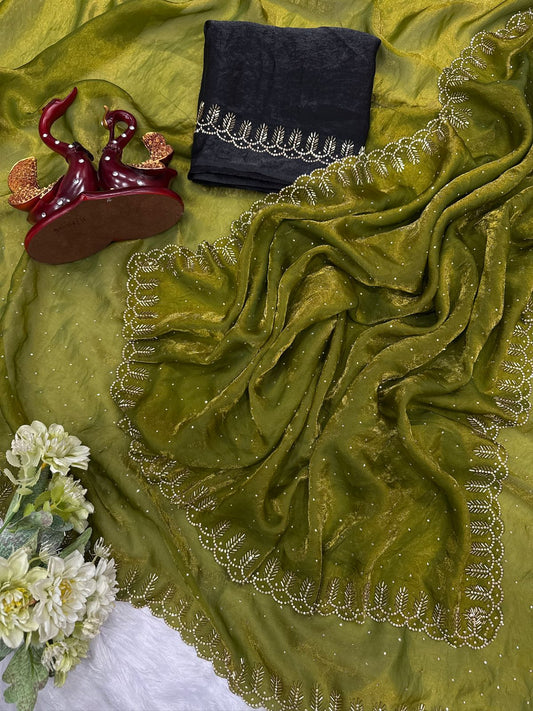 Premium Pure Space Silk Saree with Original Jarkhan Diamond Work