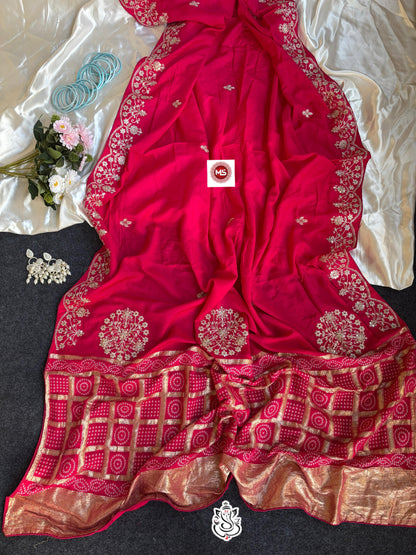 Premium Dolla Silk Bandhej Weaving Saree with Exclusive Pittha Work