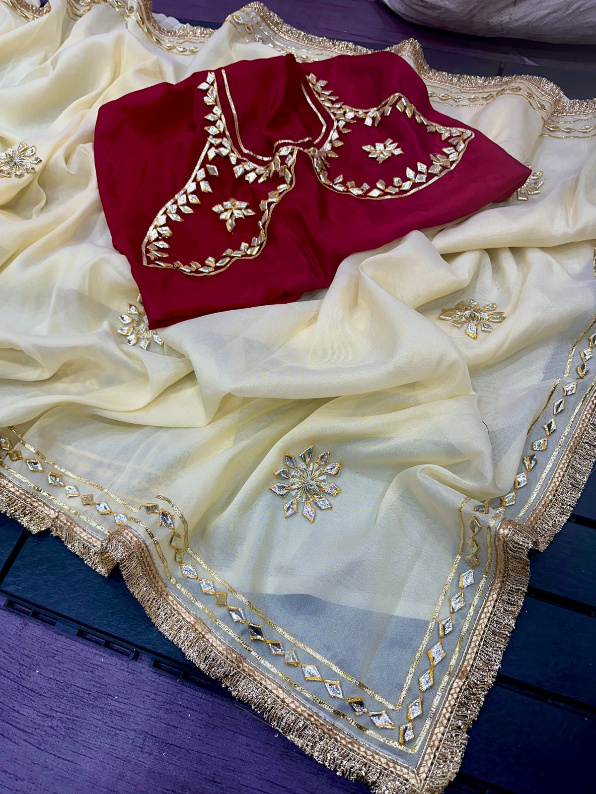 Premium Crystal Silk Handmade Aangi Gota Patti Saree with Farr Lace Border