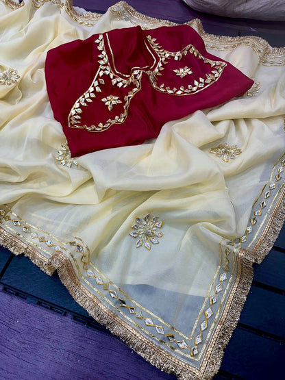 Premium Crystal Silk Handmade Aangi Gota Patti Saree with Farr Lace Border