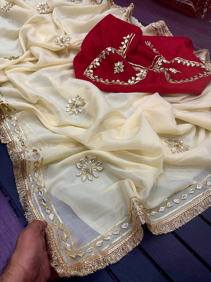 Premium Crystal Silk Handmade Aangi Gota Patti Saree with Farr Lace Border