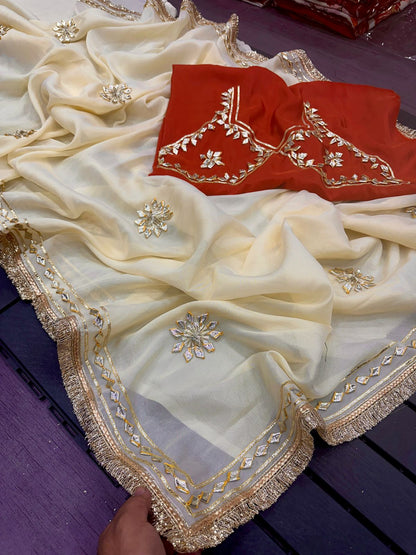 Premium Crystal Silk Handmade Aangi Gota Patti Saree with Farr Lace Border