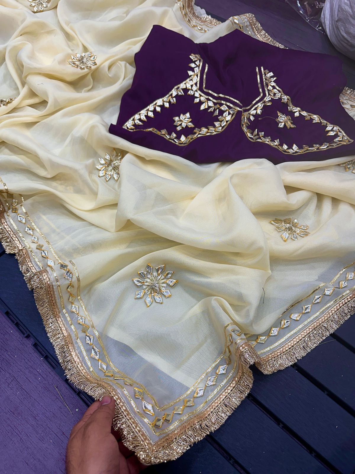 Premium Crystal Silk Handmade Aangi Gota Patti Saree with Farr Lace Border