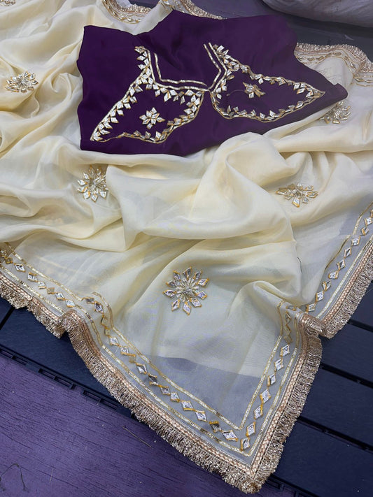 Premium Crystal Silk Handmade Aangi Gota Patti Saree with Farr Lace Border