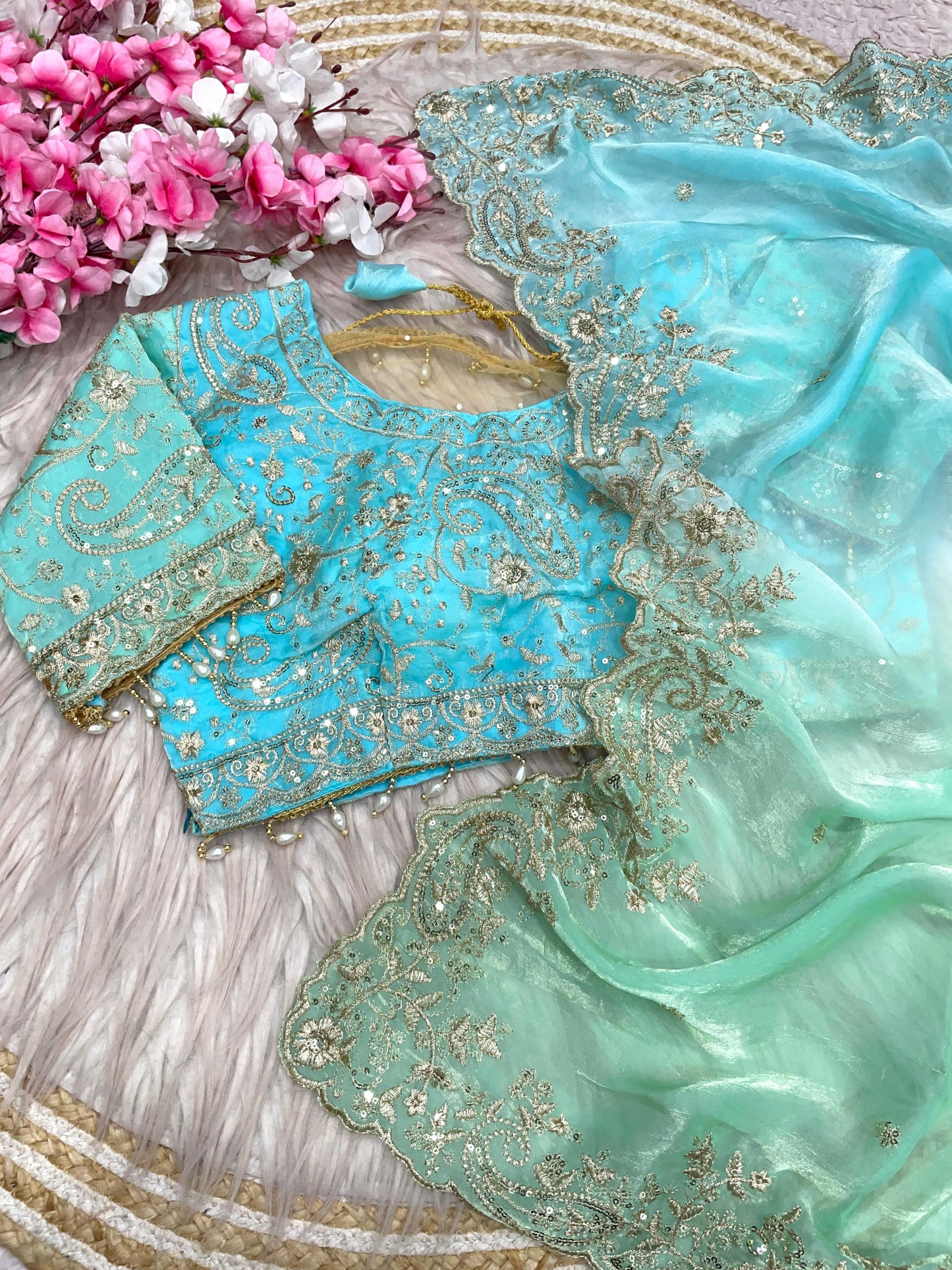 Premium Fendy Satin Paiding Saree with C-Pallu Multi Sequins Embroidery