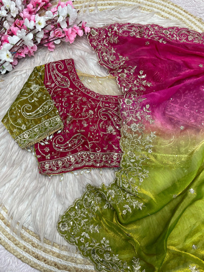 Premium Fendy Satin Paiding Saree with C-Pallu Multi Sequins Embroidery