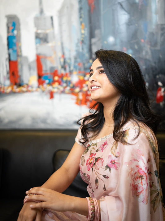 Premium Soft Tebby Silk Saree with Floral Print & Beads Katdana Handwork