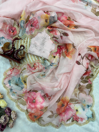 Premium Soft Tebby Silk Saree with Floral Print & Beads Katdana Handwork