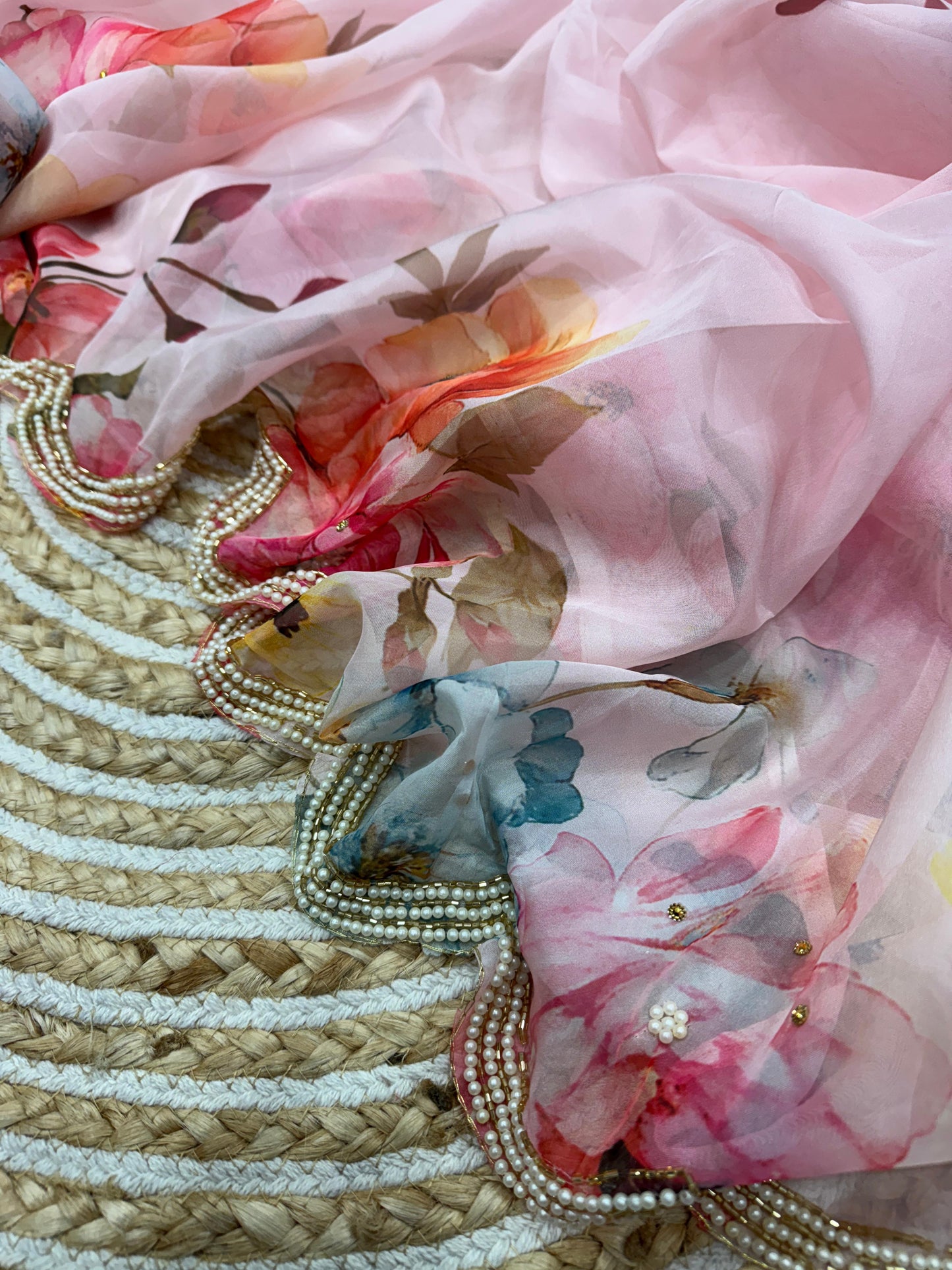 Premium Soft Tebby Silk Saree with Floral Print & Beads Katdana Handwork