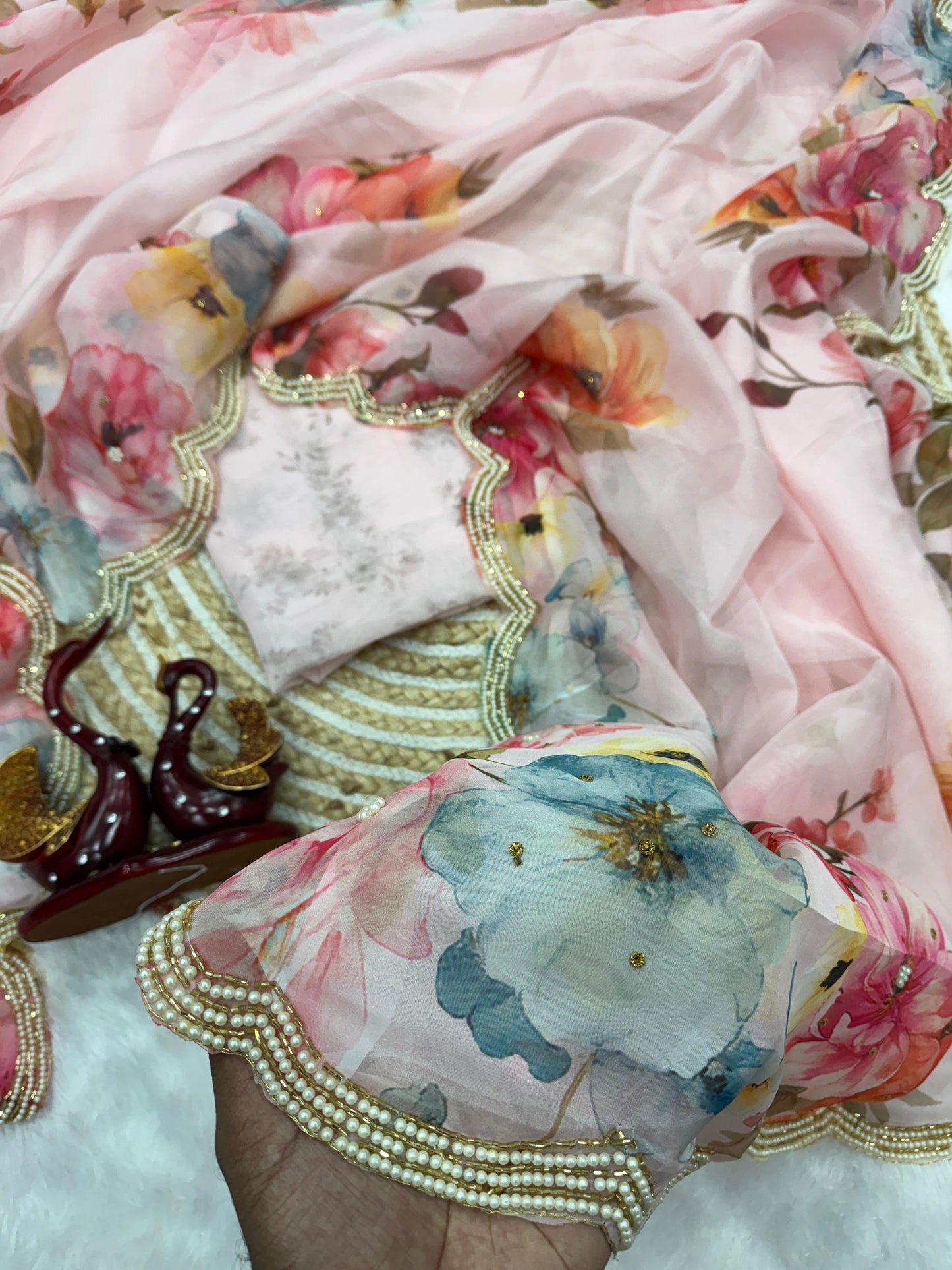 Premium Soft Tebby Silk Saree with Floral Print & Beads Katdana Handwork