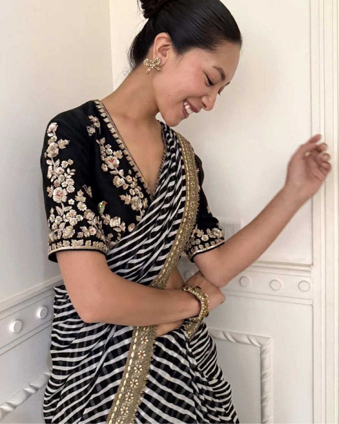 Premium Soft Georgette Leriya Print Saree with Sequins & Cording Embroidery