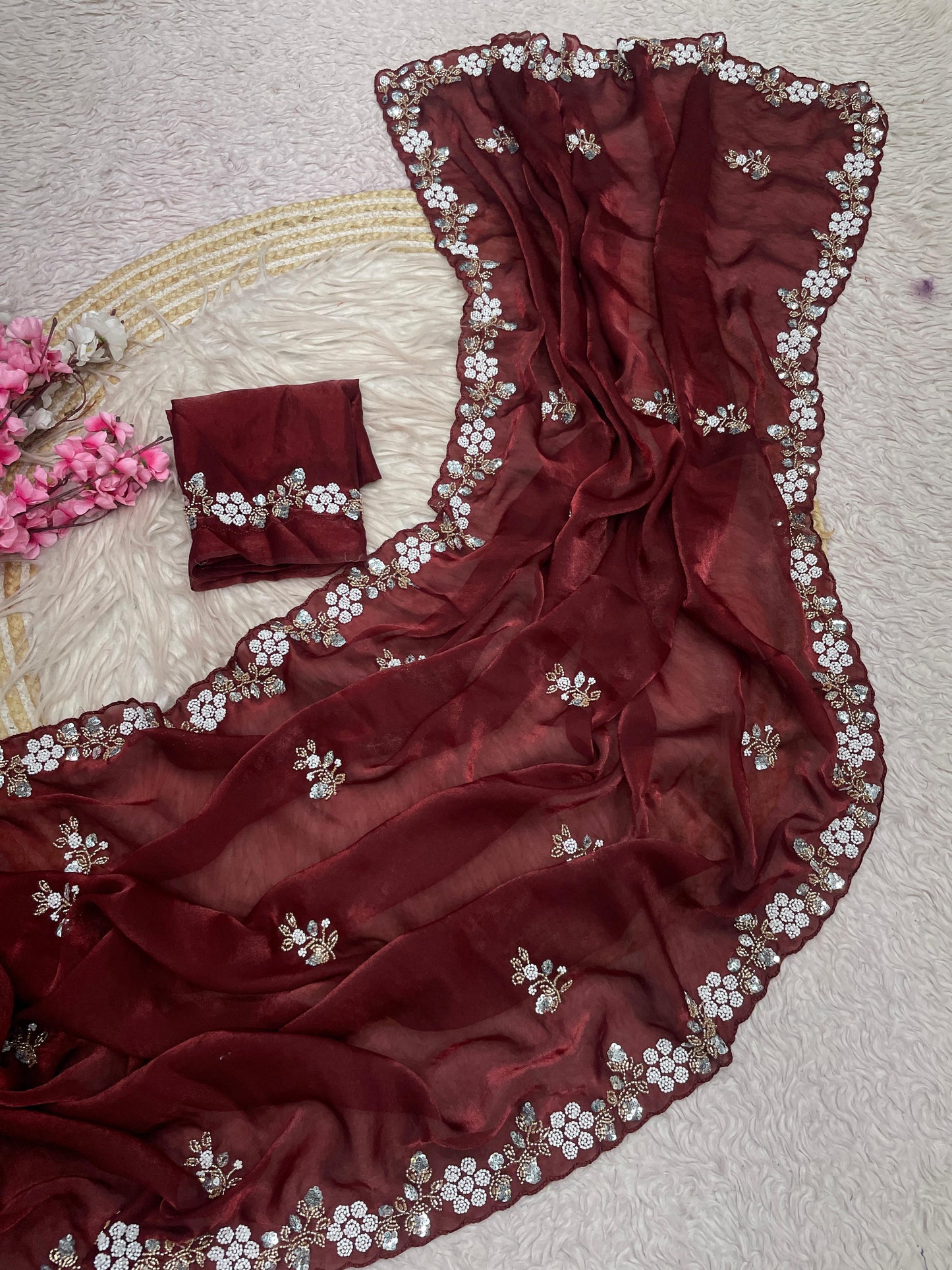 Premium Fandy Satin Saree with Sequins & Brits C-Pallu Work