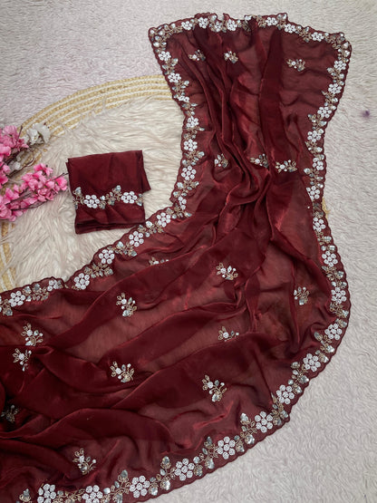 Premium Fandy Satin Saree with Sequins & Brits C-Pallu Work