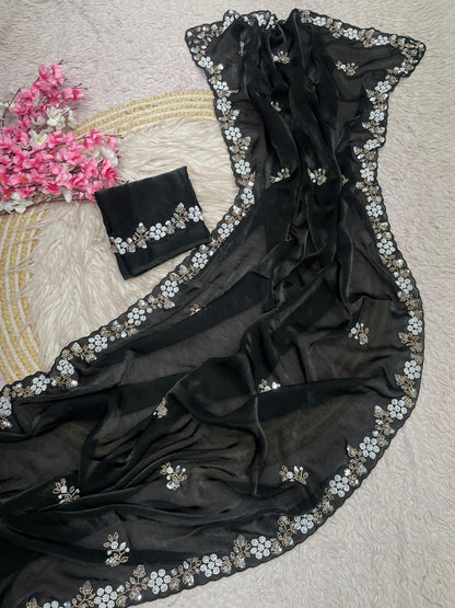Premium Fandy Satin Saree with Sequins & Brits C-Pallu Work