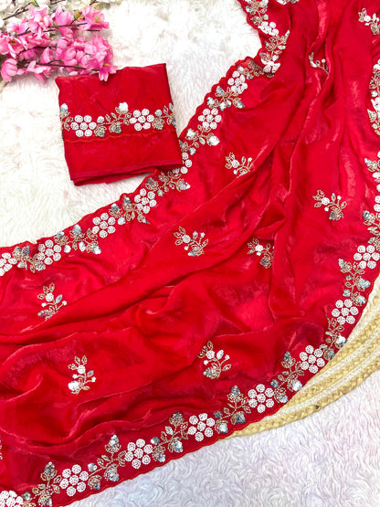 Premium Fandy Satin Saree with Sequins & Brits C-Pallu Work