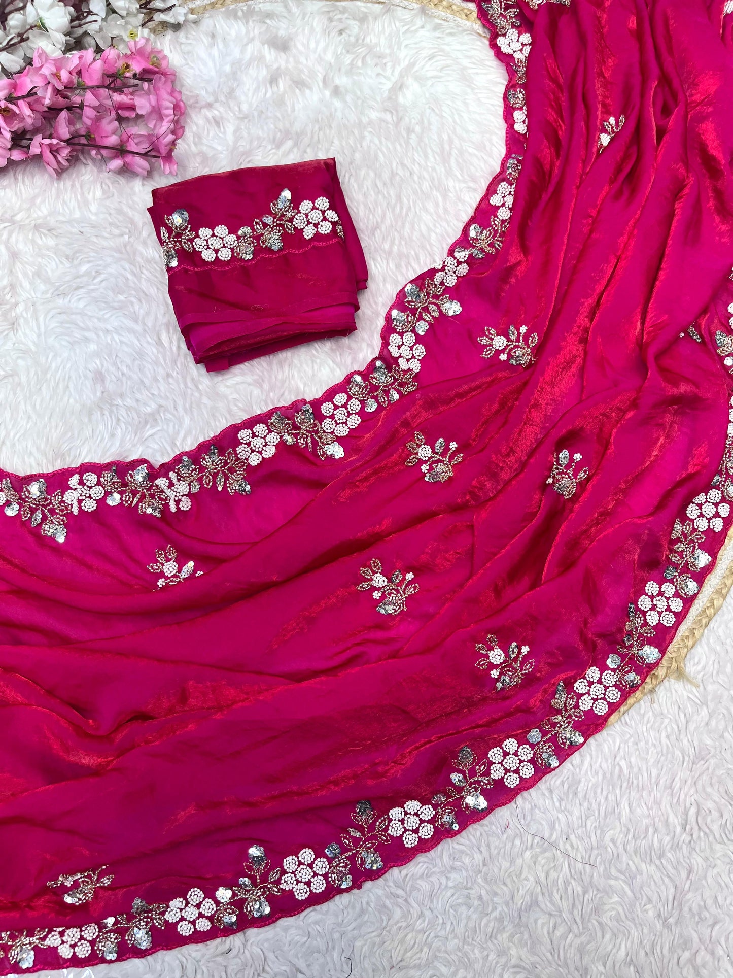 Premium Fandy Satin Saree with Sequins & Brits C-Pallu Work