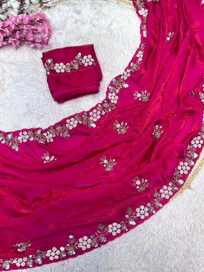 Premium Fandy Satin Saree with Sequins & Brits C-Pallu Work