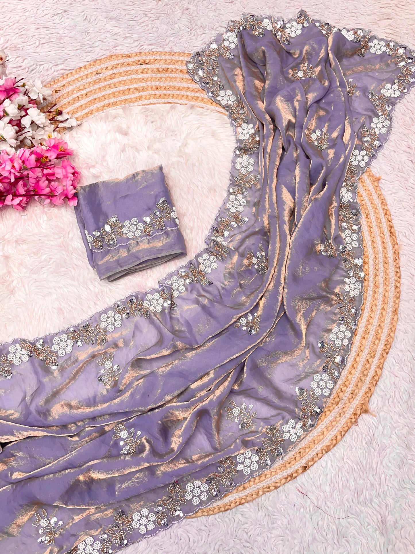 Premium Fandy Satin Saree with Sequins & Brits C-Pallu Work