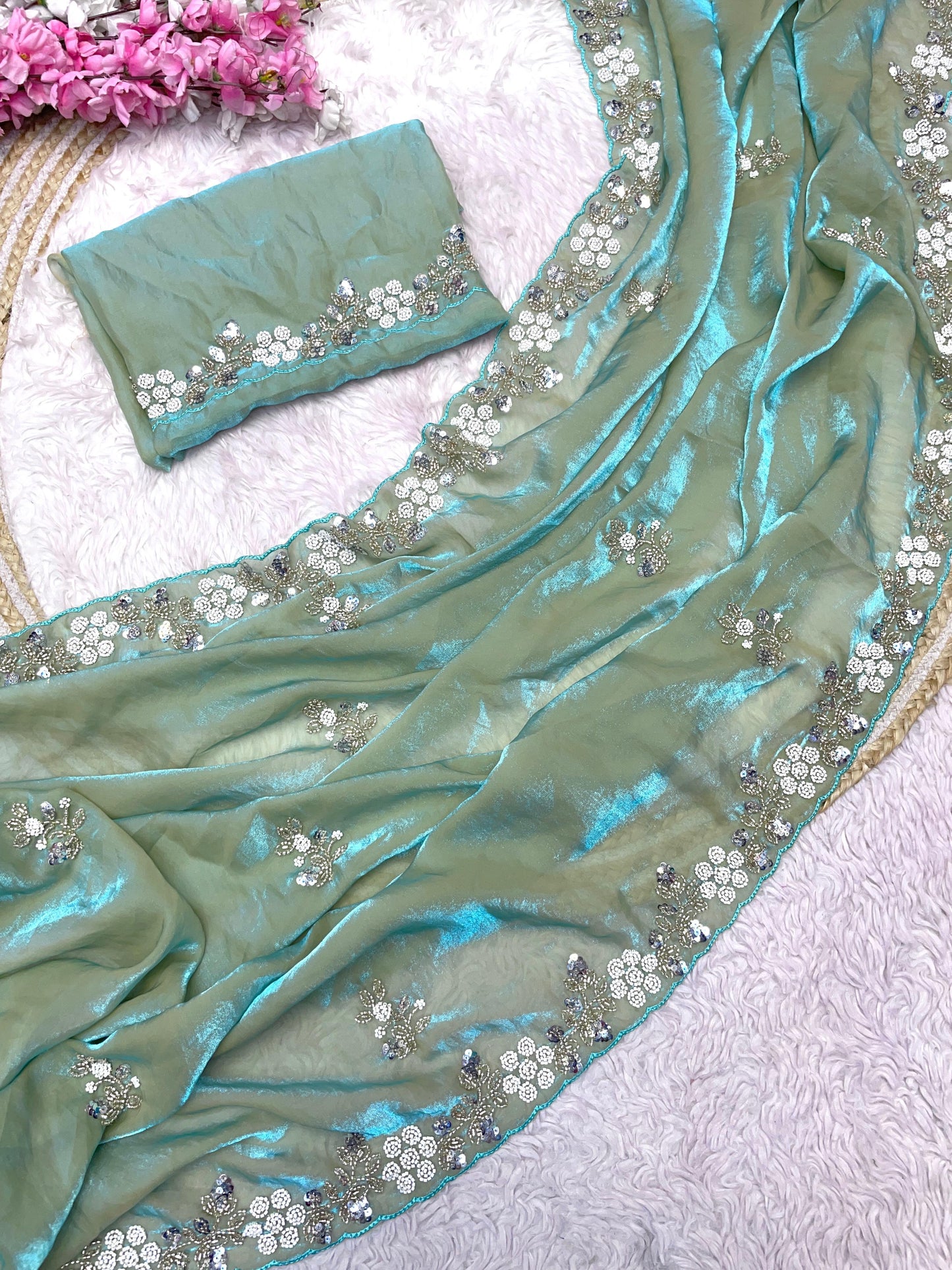 Premium Fandy Satin Saree with Sequins & Brits C-Pallu Work