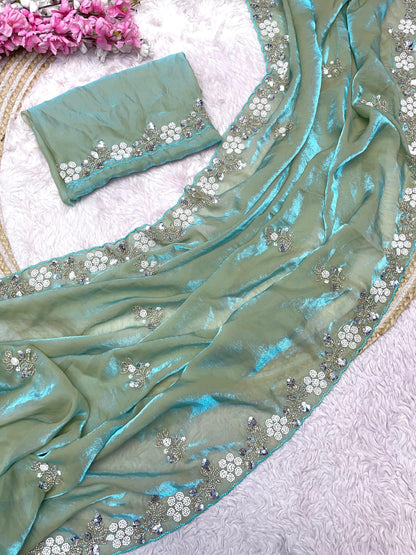 Premium Fandy Satin Saree with Sequins & Brits C-Pallu Work