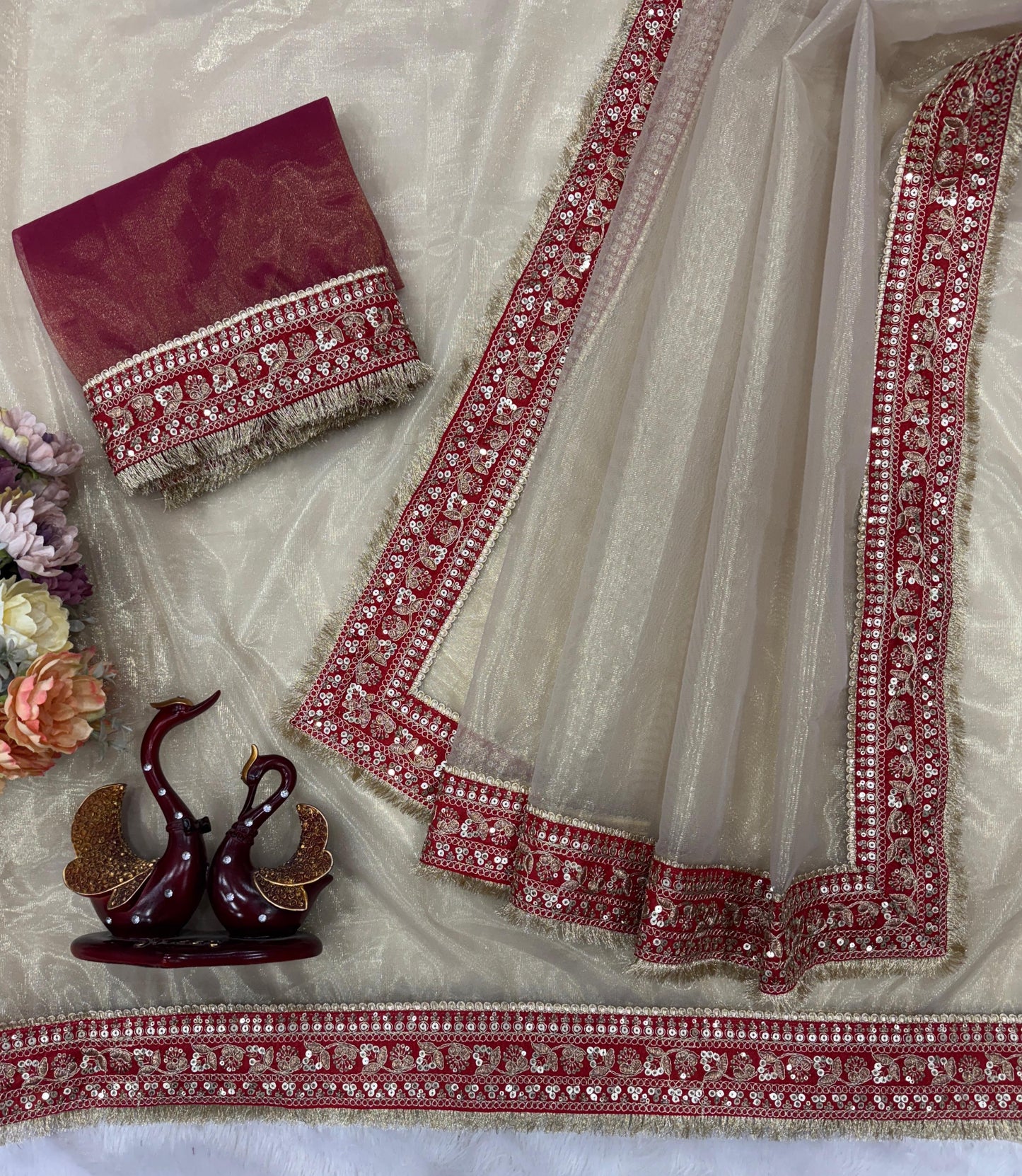 Premium Soft Twil Net Saree with Sequins & Dori Embroidery