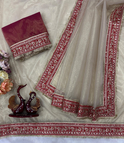 Premium Soft Twil Net Saree with Sequins & Dori Embroidery