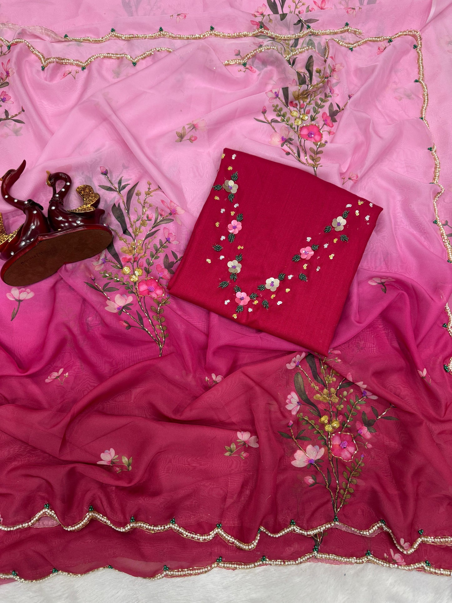 Premium Soft Tebby Silk Saree with Floral Print & Beads–Sequins Katdana Work