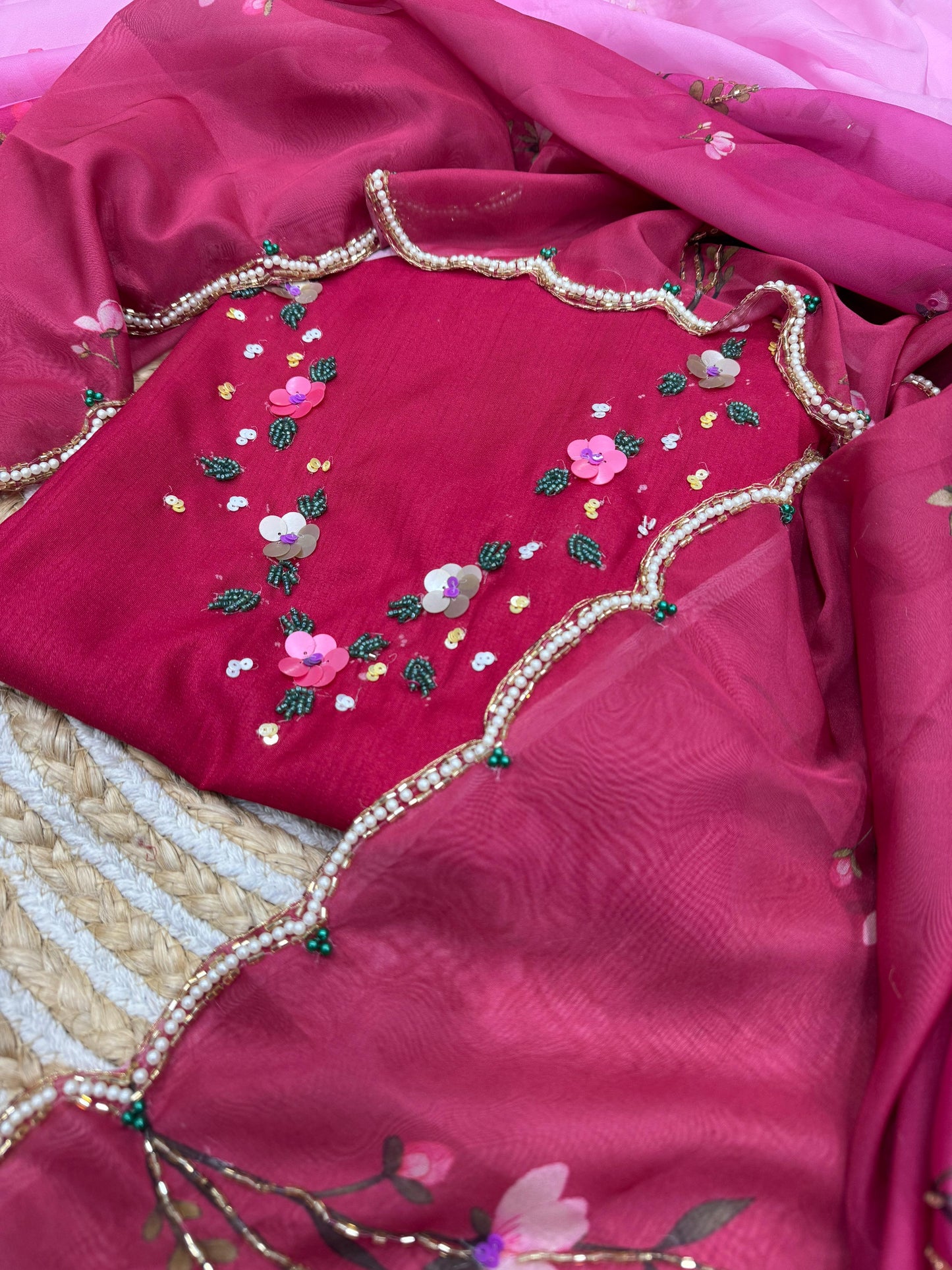 Premium Soft Tebby Silk Saree with Floral Print & Beads–Sequins Katdana Work