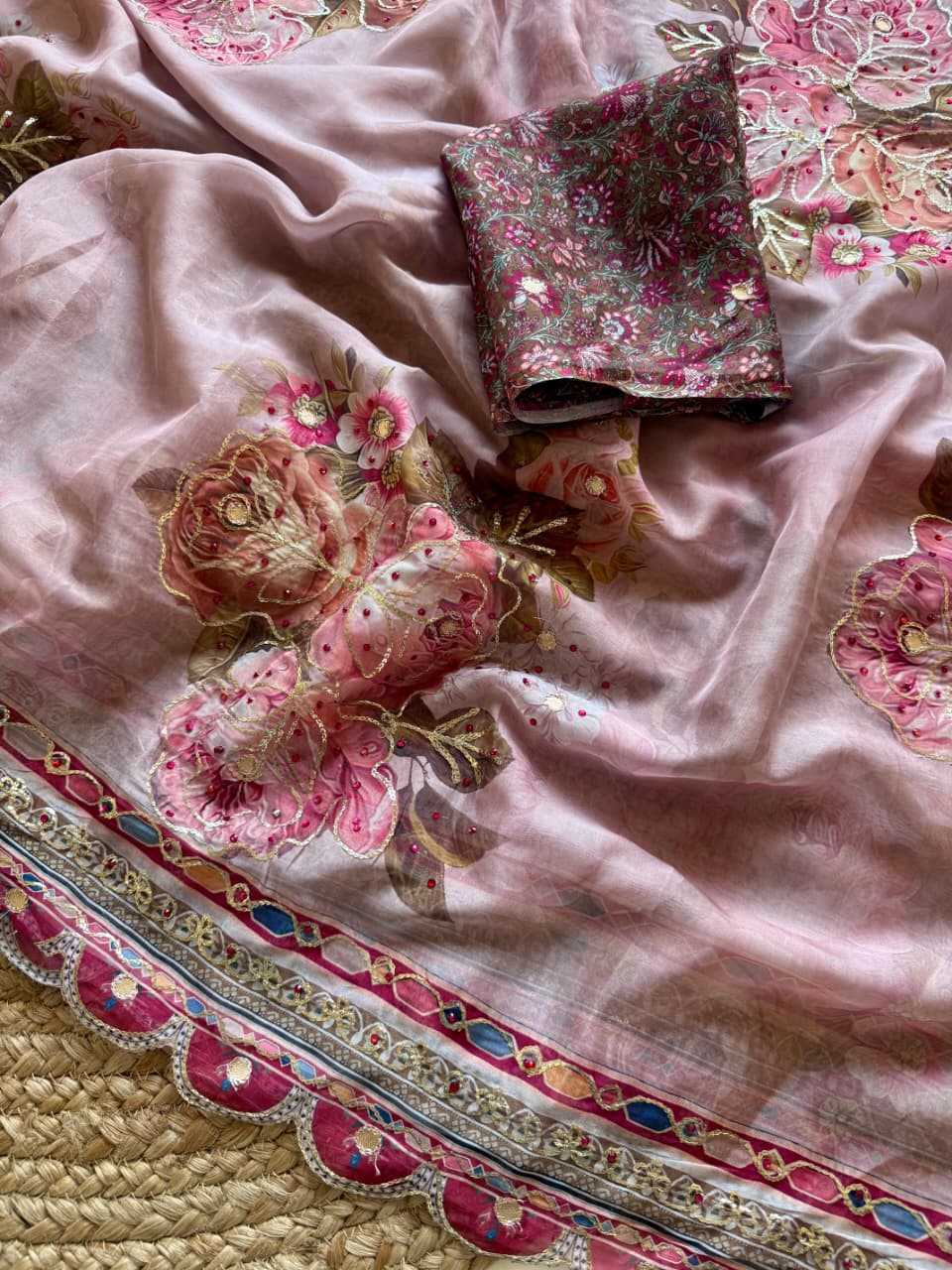 Premium Pure Tebby Silk Saree with Digital Floral Print & Sequins–Diamond