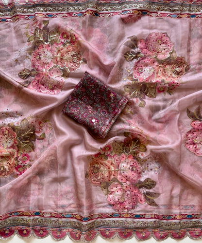 Premium Pure Tebby Silk Saree with Digital Floral Print & Sequins–Diamond