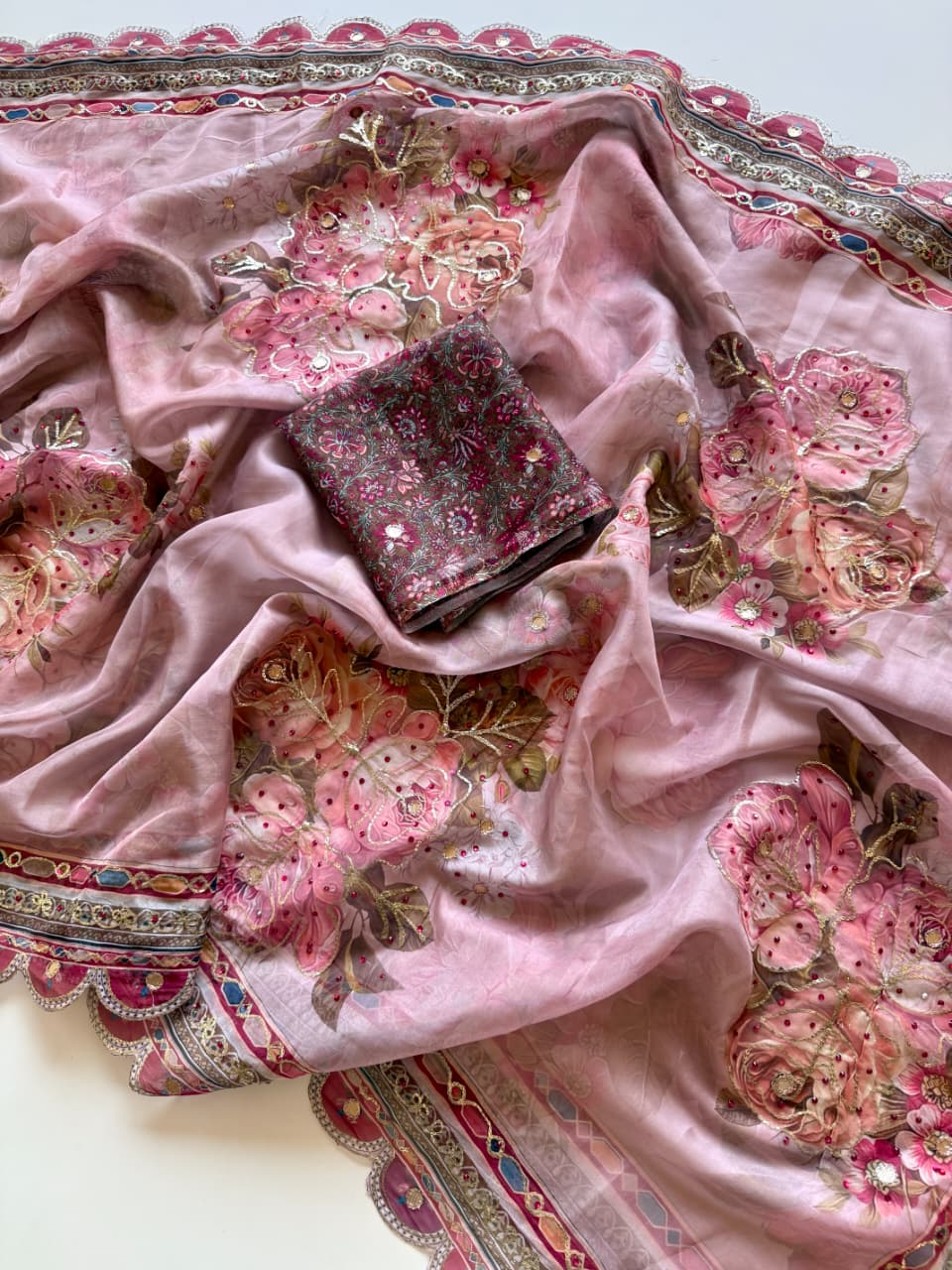 Premium Pure Tebby Silk Saree with Digital Floral Print & Sequins–Diamond