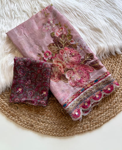 Premium Pure Tebby Silk Saree with Digital Floral Print & Sequins–Diamond