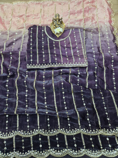Premium Fendy Satin Paiding Dual Shade Saree with Multi Sequins Embroidery