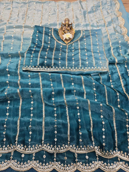 Premium Fendy Satin Paiding Dual Shade Saree with Multi Sequins Embroidery