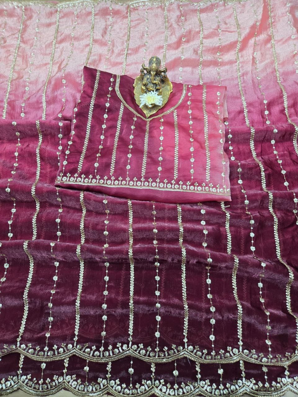 Premium Fendy Satin Paiding Dual Shade Saree with Multi Sequins Embroidery