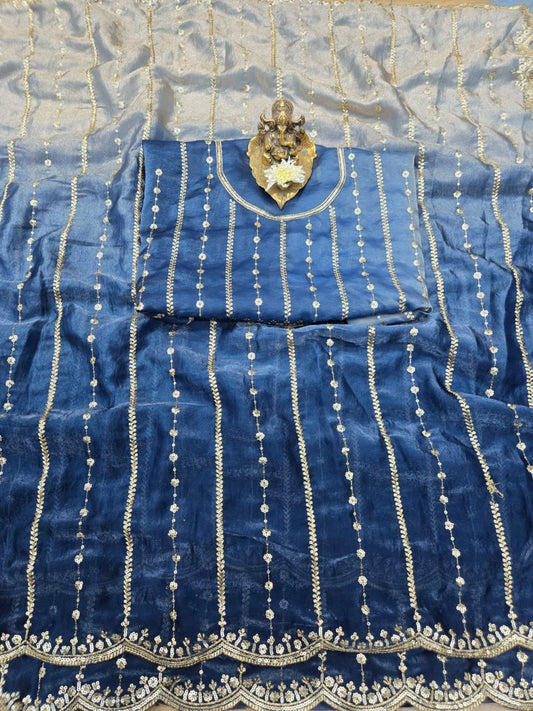 Premium Fendy Satin Paiding Dual Shade Saree with Multi Sequins Embroidery