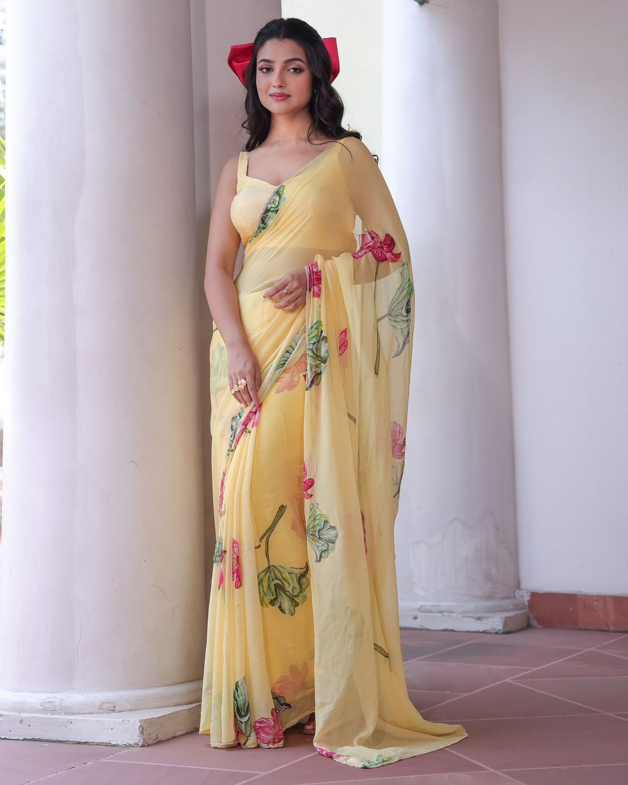 Premium Soft Tebby Silk Saree with Floral Print & Beads Katdana Handwork