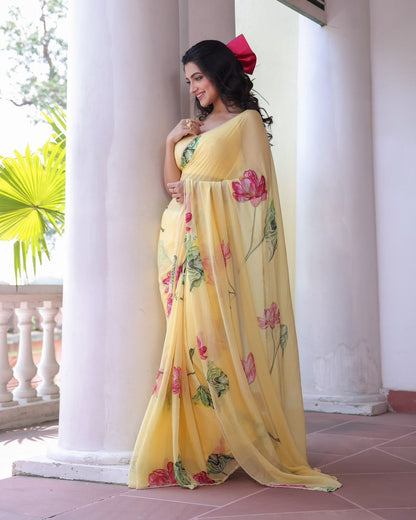Premium Soft Tebby Silk Saree with Floral Print & Beads Katdana Handwork