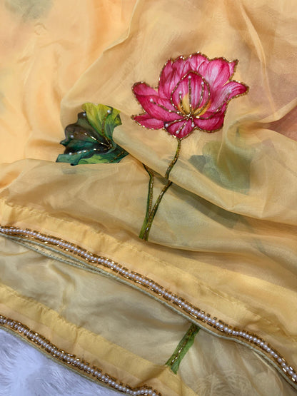 Premium Soft Tebby Silk Saree with Floral Print & Beads Katdana Handwork