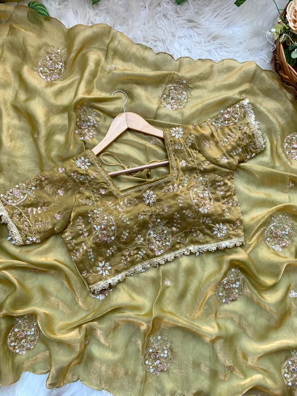 Premium Pure Soft Fandy Satin Silk Saree with Handwork & Cutwork Aarko Border