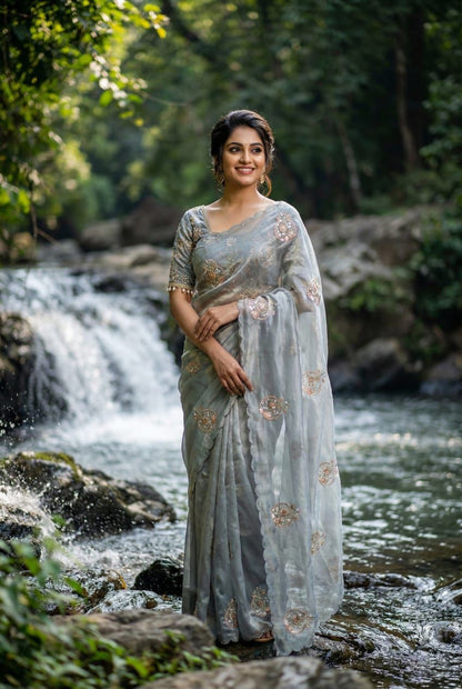 Premium Pure Soft Fandy Satin Silk Saree with Handwork & Cutwork Aarko Border