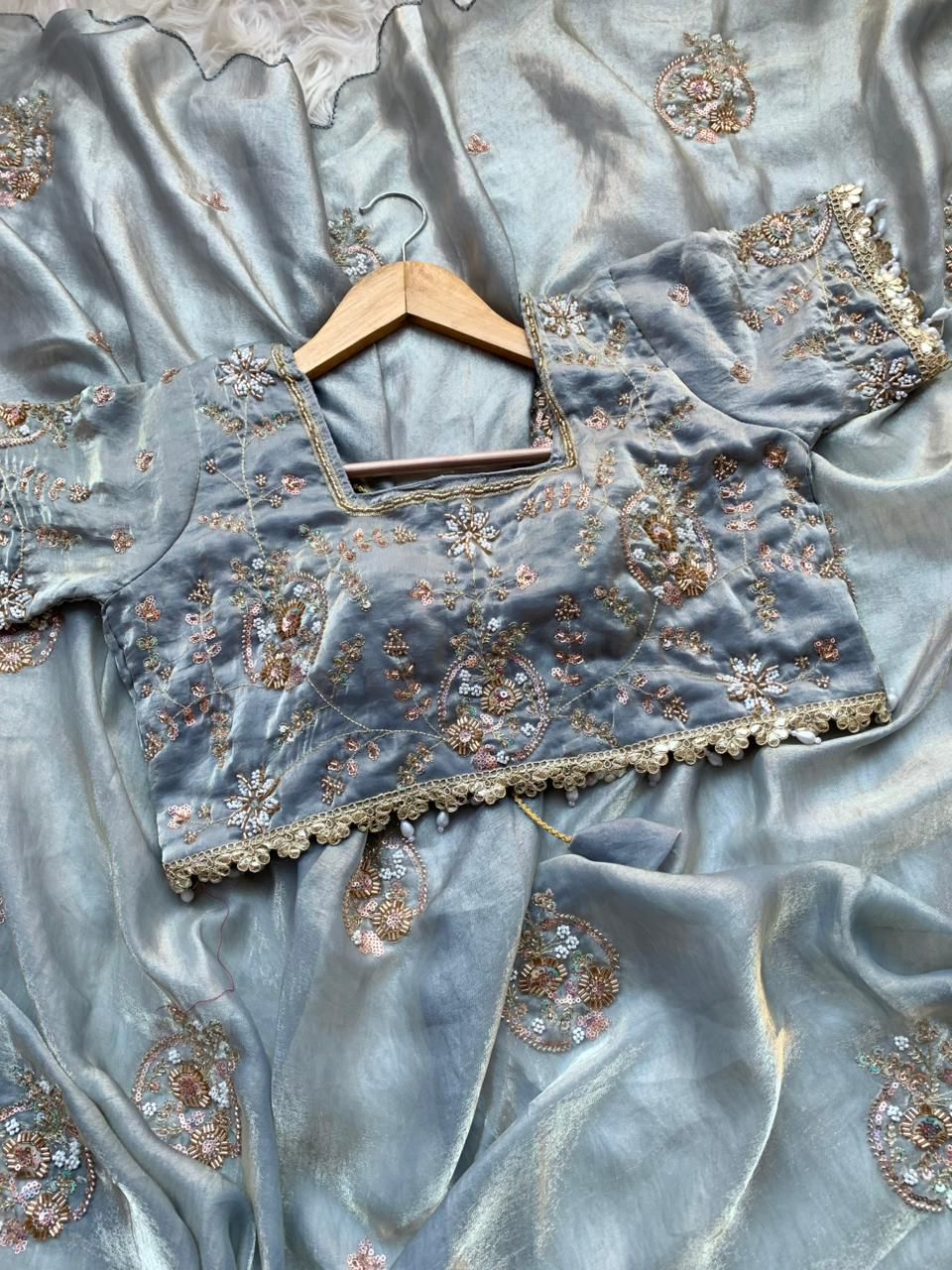 Premium Pure Soft Fandy Satin Silk Saree with Handwork & Cutwork Aarko Border