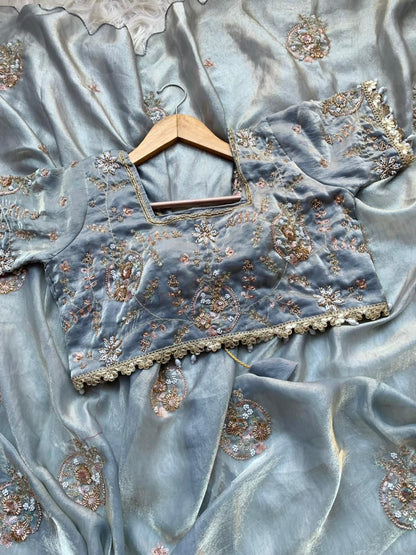 Premium Pure Soft Fandy Satin Silk Saree with Handwork & Cutwork Aarko Border