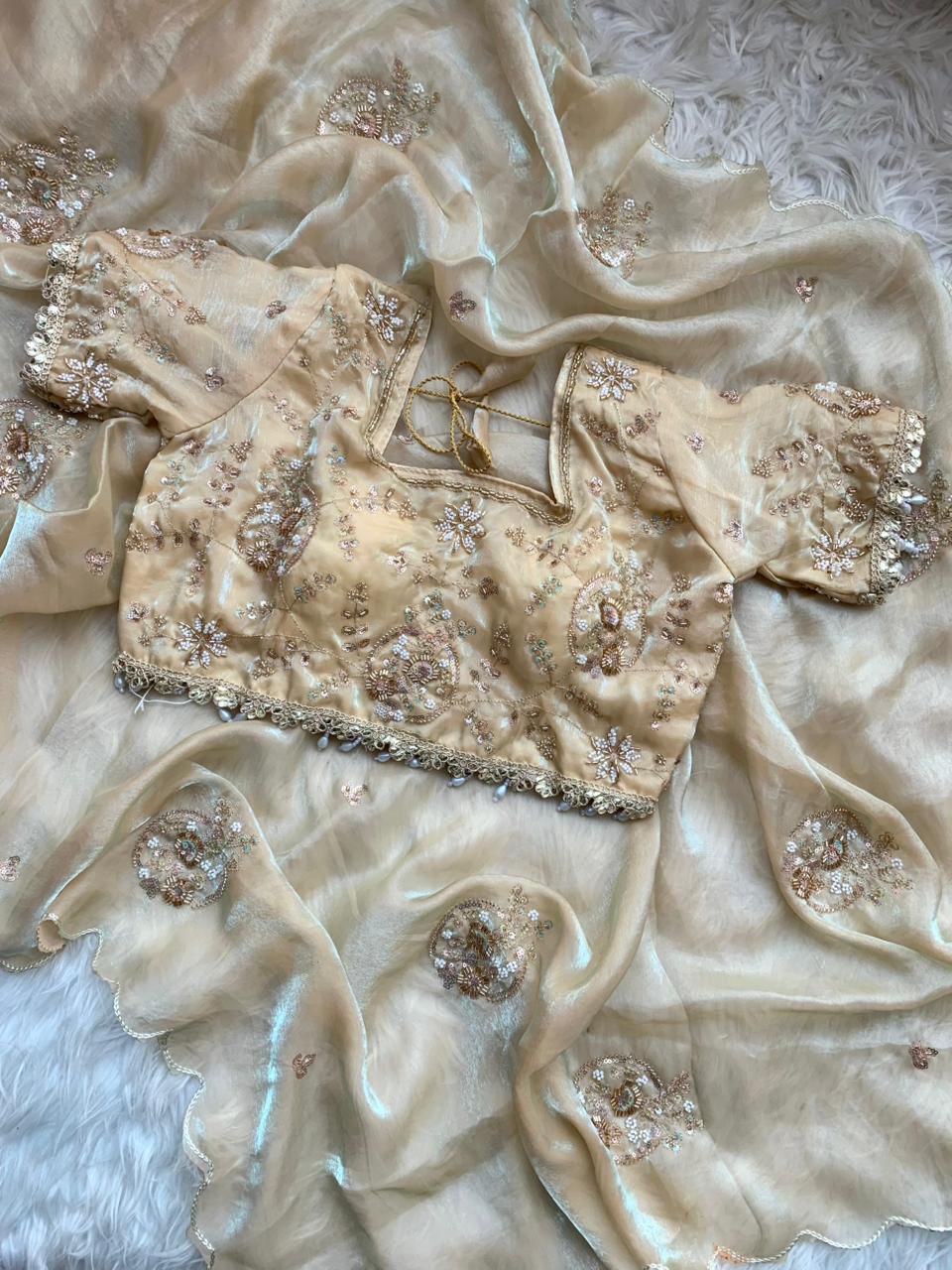 Premium Pure Soft Fandy Satin Silk Saree with Handwork & Cutwork Aarko Border